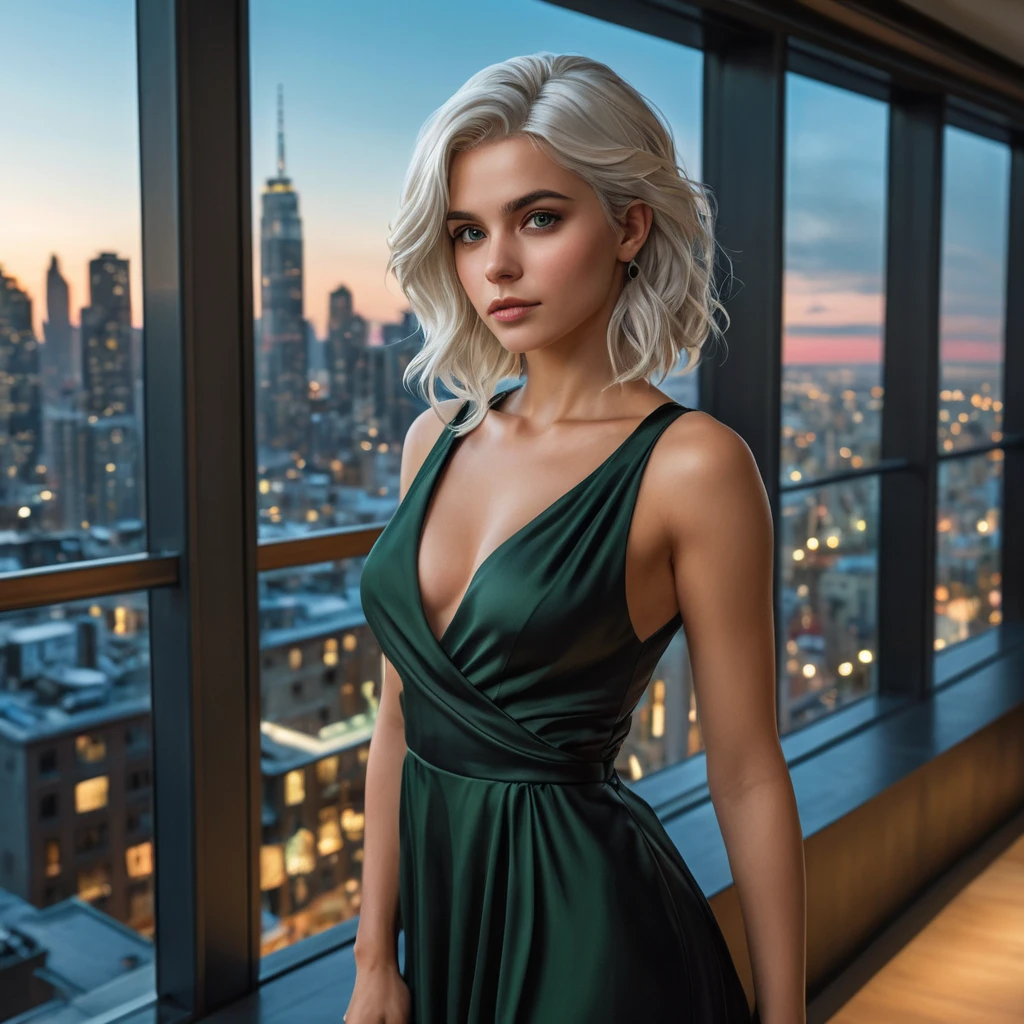 Ciri, exuding an air of mystery and allure, wearing a modern, yet timeless black dress that clings to her every curve. Her hair is styled in loose, beachy waves, and she stands in a sleek, urban penthouse with floor-to-ceiling windows offering a view of a bustling city at night. Her eyes, a striking green, hold a hint of mischief.