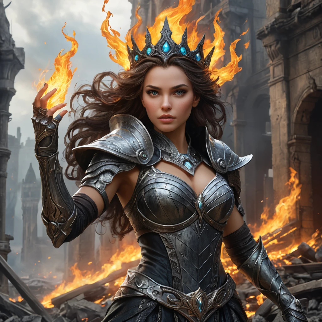 A Fire Sorceress stands in the midst of a ruined city, her power having laid waste to everything around her. Her eyes are pits of swirling fire, and her voice is a deep, rumbling growl that echoes through the air. She wears a crown of twisted, burning metal, and her armor is made of blackened, scorched steel. Flames lick at her fingertips as she raises her hands, ready to unleash another wave of destruction upon the world.