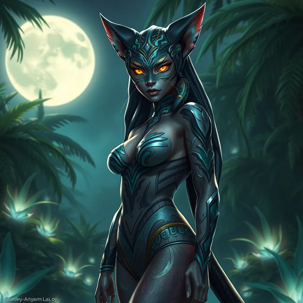 A captivating Nidalee, her feline form exuding an aura of primal allure, stands in a moonlit jungle clearing. She is dressed in a sleek, form-fitting outfit that highlights her exotic beauty, with intricate tribal patterns adorning her skin. Her eyes glow with a mysterious light, and the background is a lush, tropical forest with bioluminescent plants casting a soft, ethereal glow.