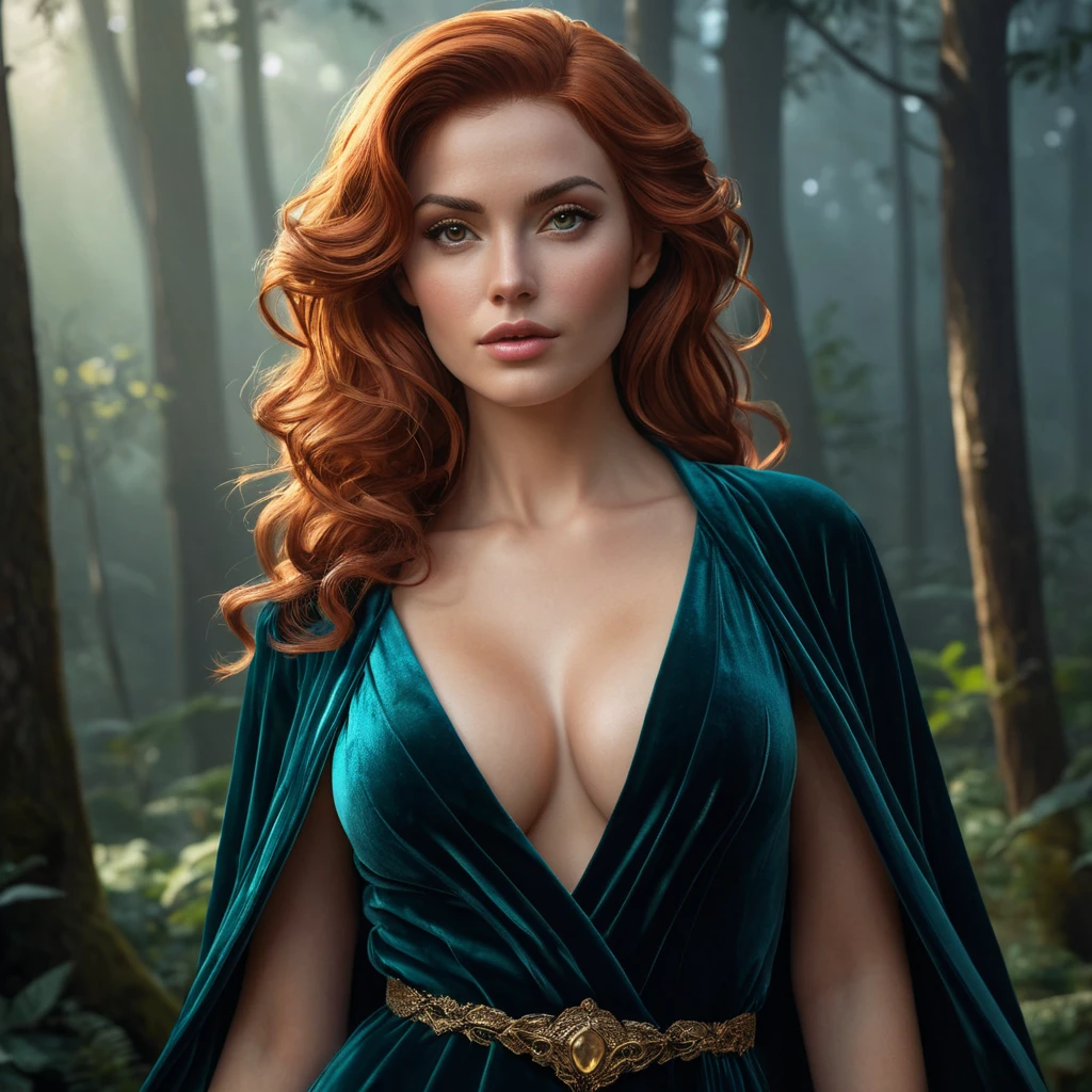 Triss Merigold in a luxurious, velvet robe that clings to her curves, her hair cascading in loose waves, standing in a moonlit forest with mist swirling around her, her expression both enchanting and enigmatic.