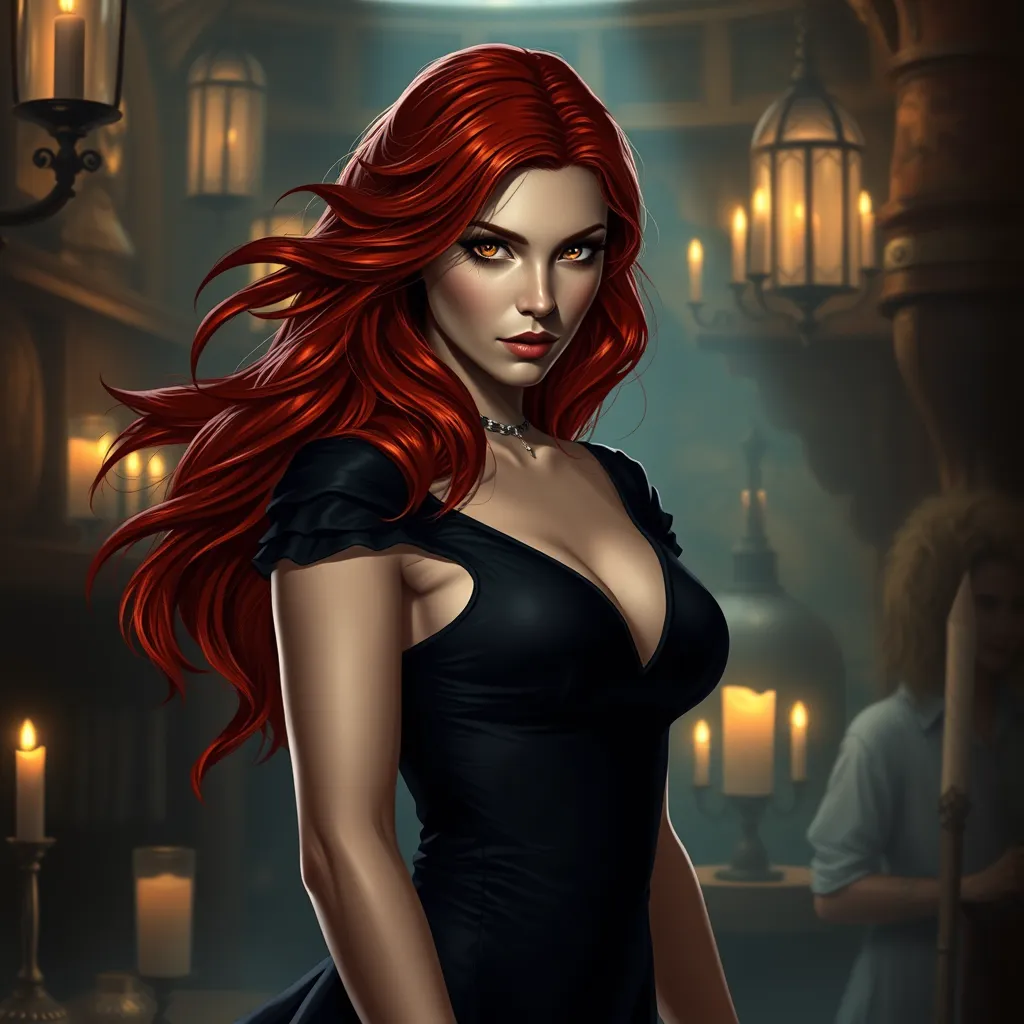 A seductive Triss Merigold with flowing red hair, dressed in a form-fitting, deep-cut black dress, standing in a dimly lit tavern with flickering candlelight casting shadows on her face, her eyes smoldering with a mix of mystery and allure.