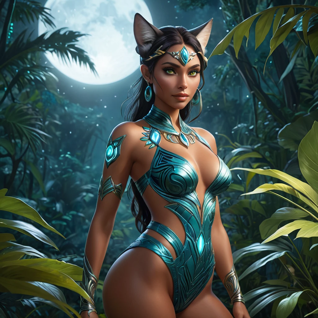 A captivating Nidalee, her feline form exuding an aura of primal allure, stands in a moonlit jungle clearing. She is dressed in a sleek, form-fitting outfit that highlights her exotic beauty, with intricate tribal patterns adorning her skin. Her eyes glow with a mysterious light, and the background is a lush, tropical forest with bioluminescent plants casting a soft, ethereal glow.