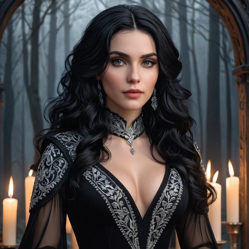 A mesmerizing Yennefer with a sultry gaze and a confident posture, wearing a sleek, black dress with intricate silver embroidery, surrounded by floating candles and a backdrop of a mystical forest at twilight