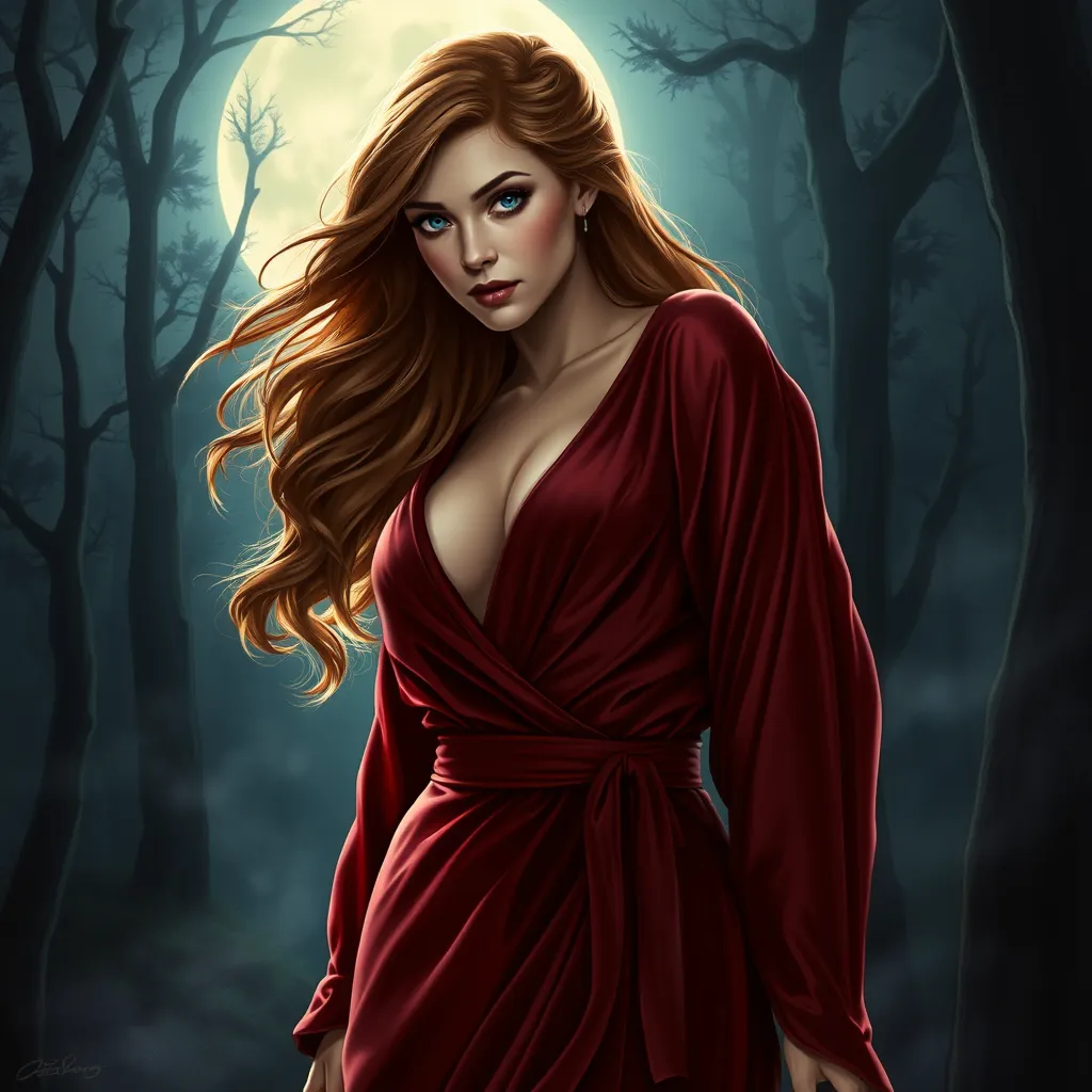 Triss Merigold in a luxurious, velvet robe that clings to her curves, her hair cascading in loose waves, standing in a moonlit forest with mist swirling around her, her expression both enchanting and enigmatic.