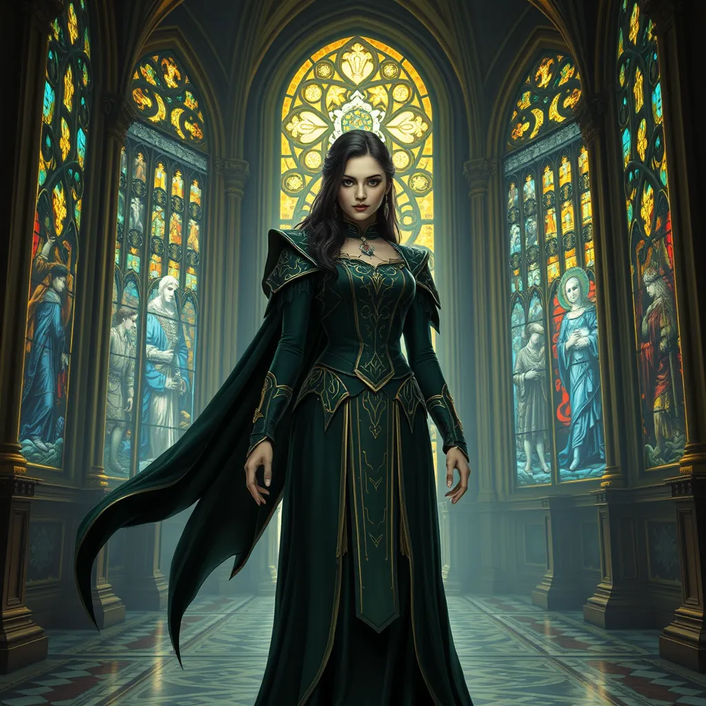 A enchanting Yennefer with hair like obsidian and eyes that sparkle with arcane knowledge, dressed in a regal, dark green gown with gold accents, standing in a grand hall with towering stained glass windows depicting ancient legends