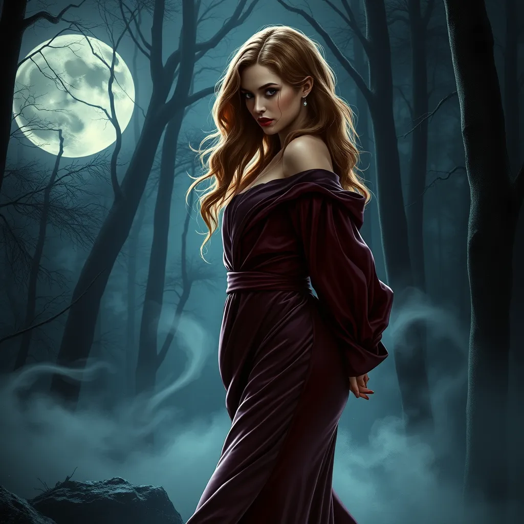 Triss Merigold in a luxurious, velvet robe that clings to her curves, her hair cascading in loose waves, standing in a moonlit forest with mist swirling around her, her expression both enchanting and enigmatic.