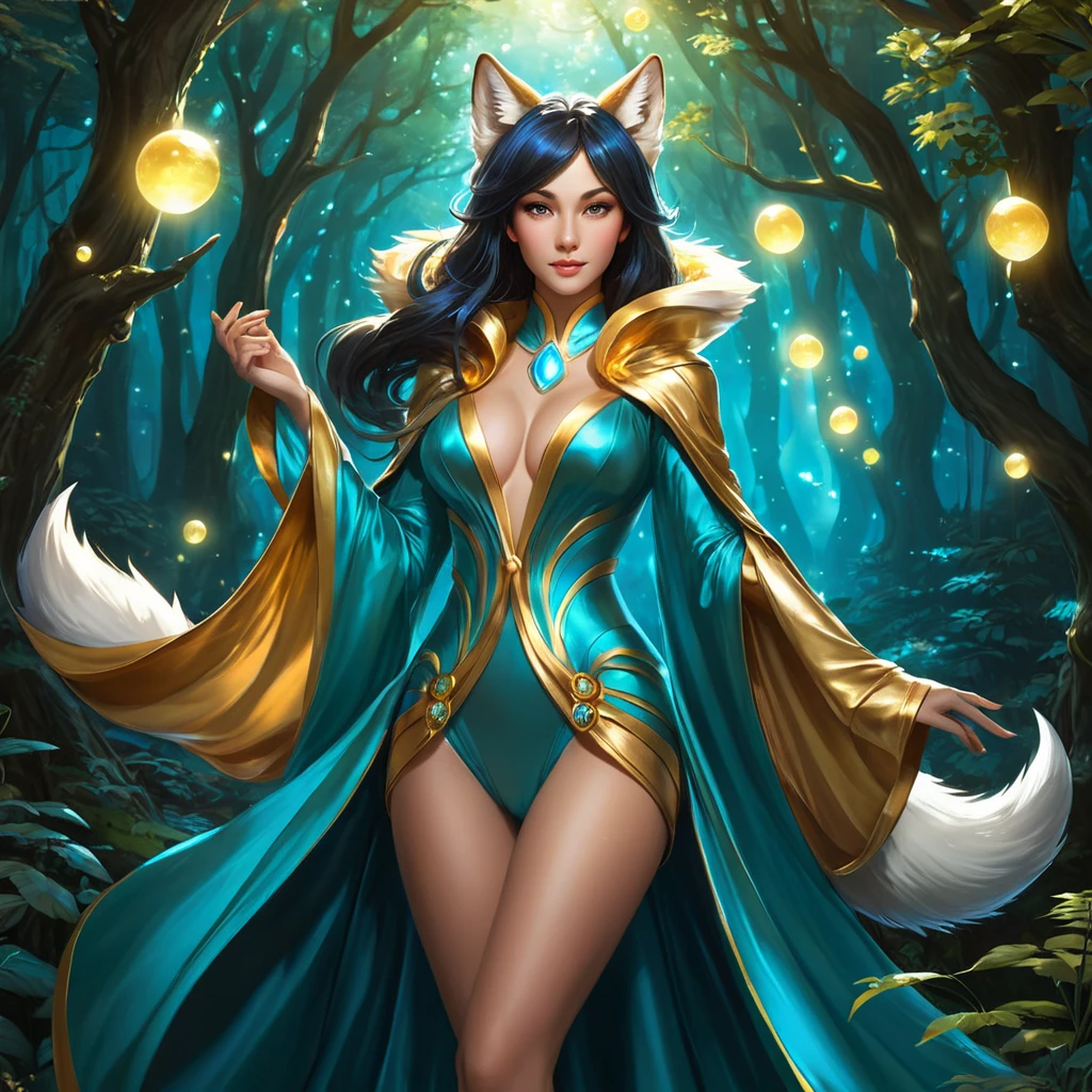 Ahri, the enchanting fox mage, with her tails flowing like silk behind her, dressed in a revealing, shimmering robe that seems to be made of liquid gold, standing in a magical, bioluminescent forest, with glowing orbs of energy floating around her.