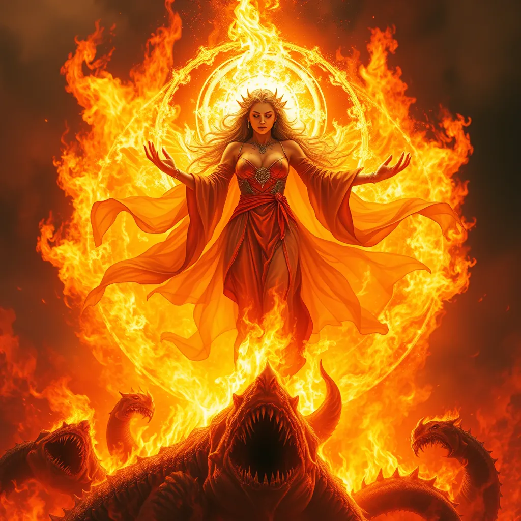 A Fire Sorceress floats above a sea of fire, her body surrounded by a halo of intense, white-hot flames. Her eyes are closed, and her expression is one of serene, terrifying power. Below her, the flames churn and twist, forming into the shapes of monstrous creatures that writhe and snap at the air. The heat is so intense that the very air shimmers and distorts around her, making her seem like a being from another world, one of pure, unstoppable fire.