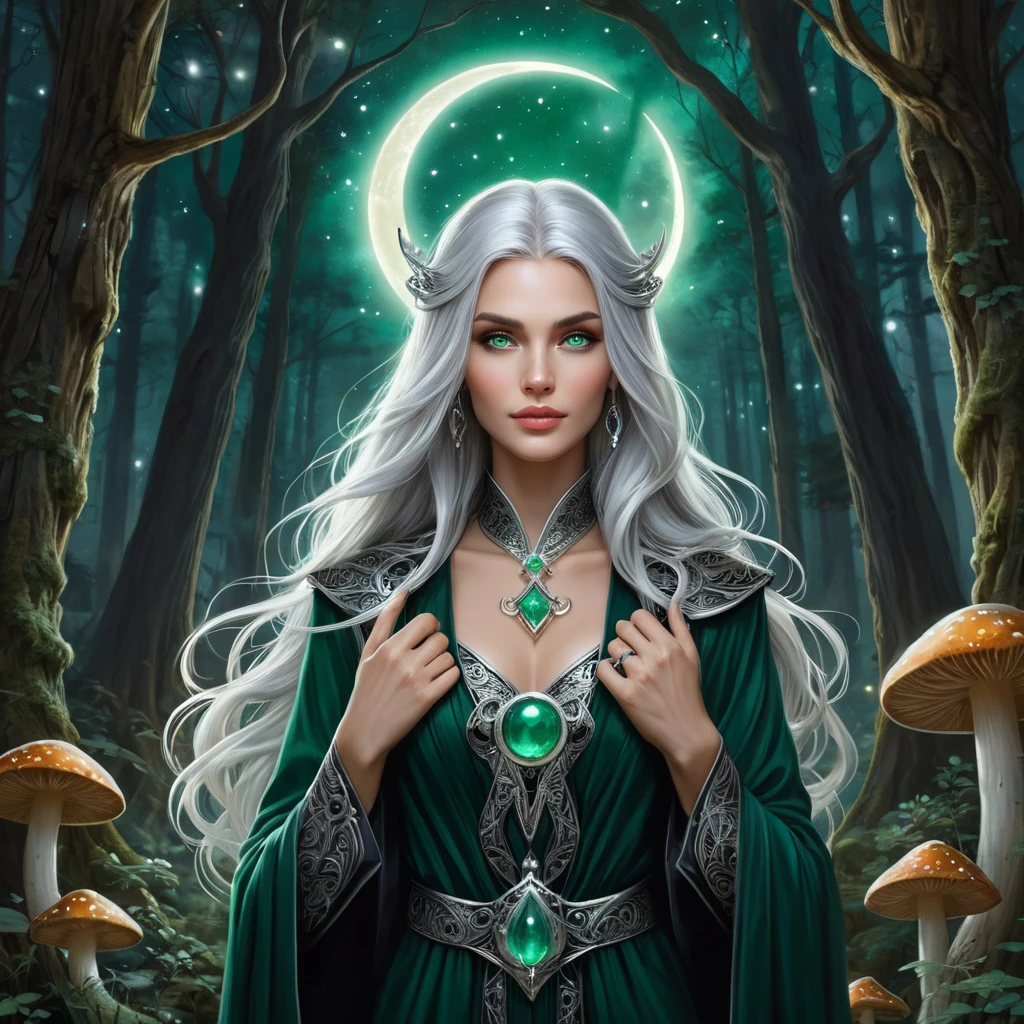 A beautiful witch with long, flowing silver hair and piercing emerald eyes, standing in a moonlit forest with glowing mushrooms and a crescent moon overhead, her robes shimmering with stardust and ancient runes