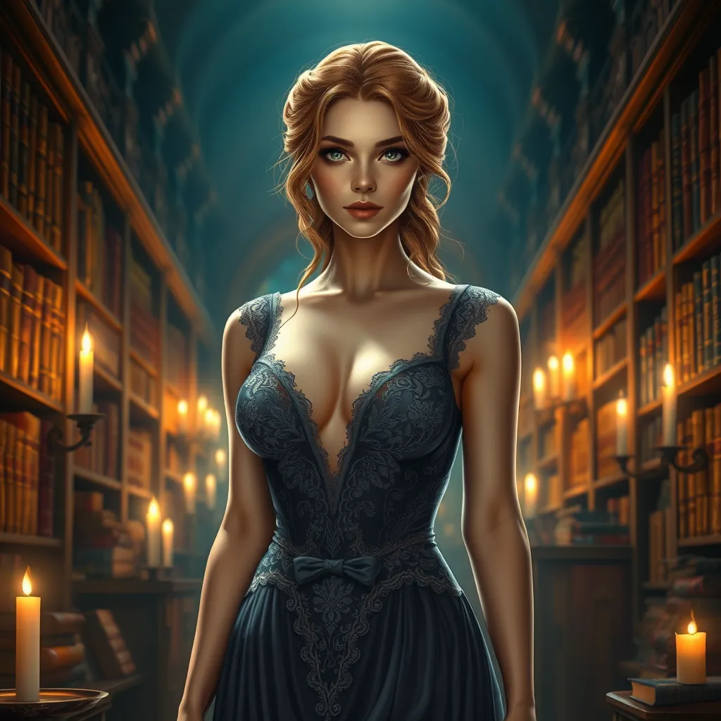 Triss Merigold in a seductive, low-cut dress with intricate lace detailing, her hair pinned up with loose tendrils framing her face, standing in a candlelit library with ancient tomes surrounding her, her presence both alluring and intellectual.