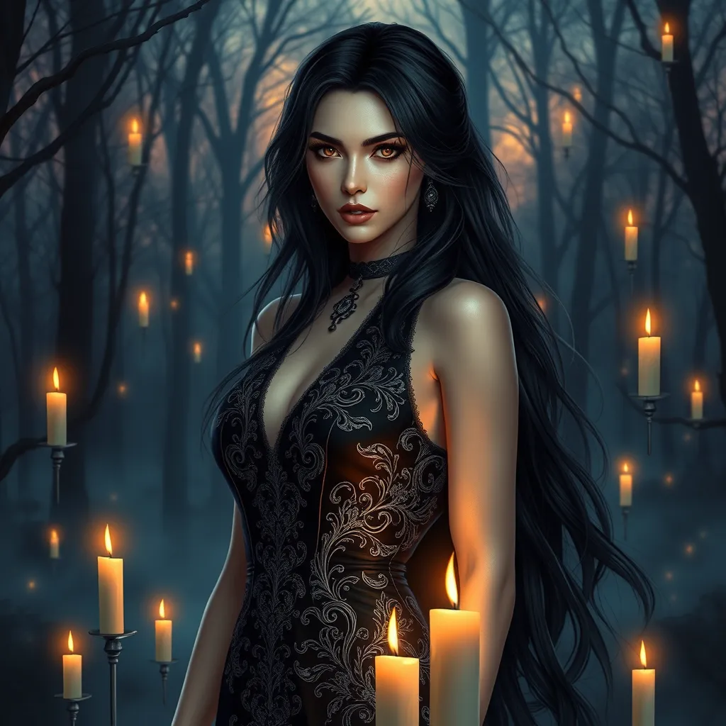 A mesmerizing Yennefer with a sultry gaze and a confident posture, wearing a sleek, black dress with intricate silver embroidery, surrounded by floating candles and a backdrop of a mystical forest at twilight