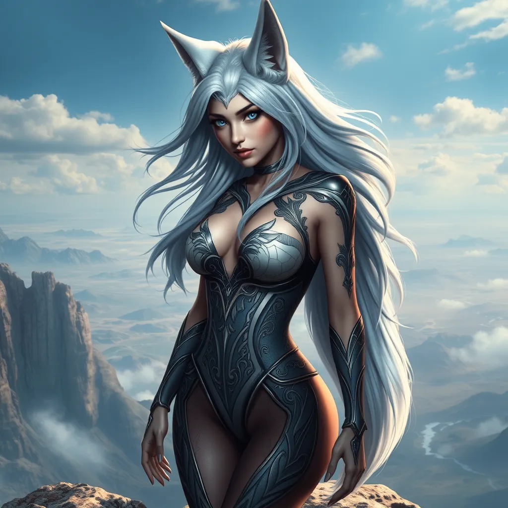 A seductive Ahri, her form half-human, half-fox, with sleek, silver fur and piercing blue eyes, standing on a cliff overlooking a vast, mystical landscape, wearing a tight, form-fitting bodysuit adorned with intricate patterns, with a gentle breeze tousling her hair.