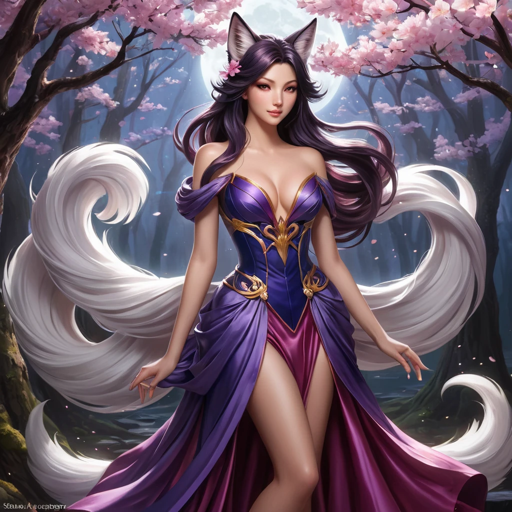 A seductive Ahri, the Nine-Tailed Fox, with mesmerizing eyes that glow like embers, her fur a blend of deep reds and purples, draped in a flowing, ethereal gown that shimmers with starlight, standing in a moonlit forest with cherry blossom petals swirling around her.