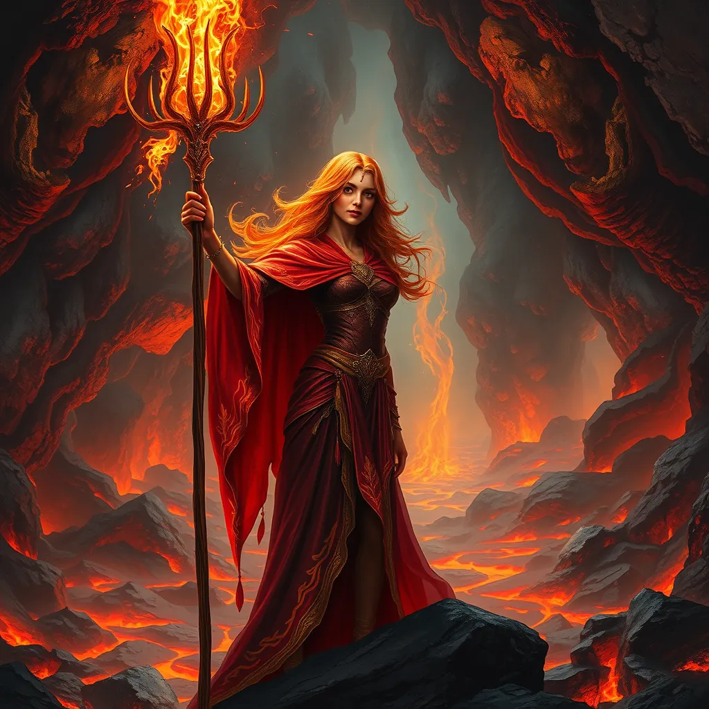 A Fire Sorceress stands in a cavern filled with molten rock and rivers of lava, her presence causing the temperature to rise to unbearable levels. Her skin is a deep, fiery red, and her eyes are like two burning coals. She wears a cloak made of living flames that shift and change shape as she moves. In her hand, she holds a staff that crackles with energy, and as she raises it, the lava around her begins to bubble and surge, as if responding to her command.