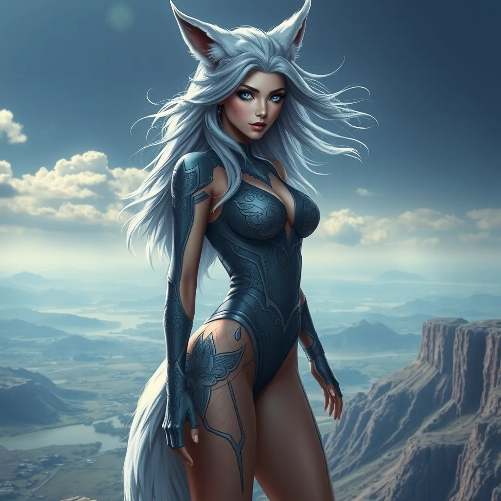 A seductive Ahri, her form half-human, half-fox, with sleek, silver fur and piercing blue eyes, standing on a cliff overlooking a vast, mystical landscape, wearing a tight, form-fitting bodysuit adorned with intricate patterns, with a gentle breeze tousling her hair.