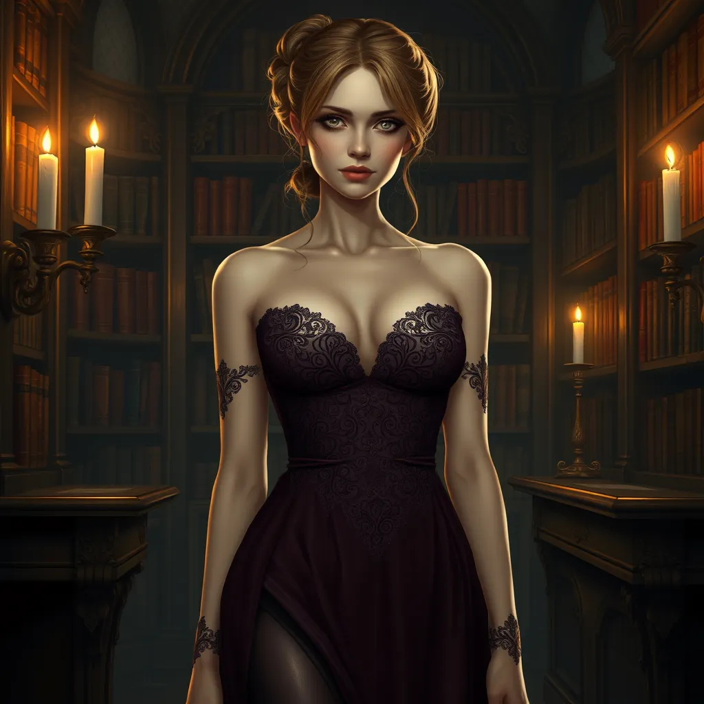 Triss Merigold in a seductive, low-cut dress with intricate lace detailing, her hair pinned up with loose tendrils framing her face, standing in a candlelit library with ancient tomes surrounding her, her presence both alluring and intellectual.