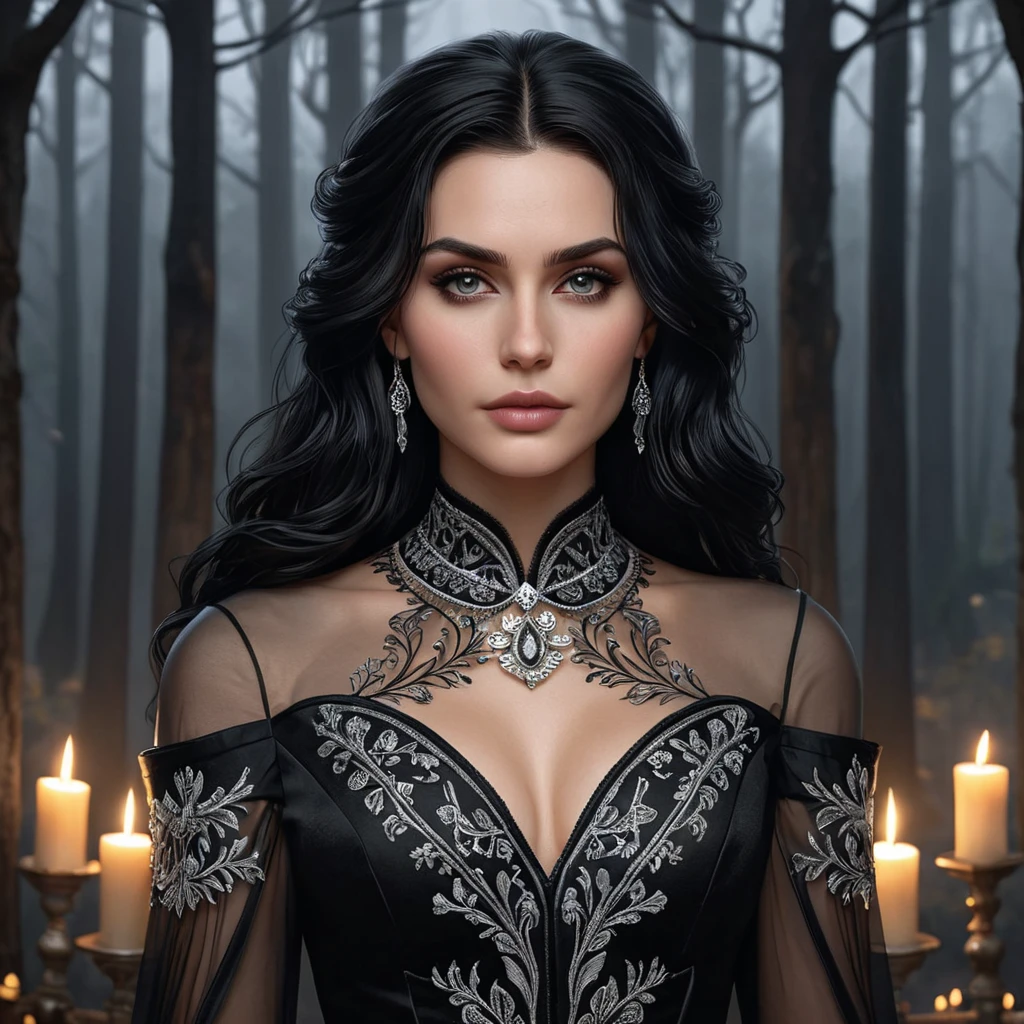 A mesmerizing Yennefer with a sultry gaze and a confident posture, wearing a sleek, black dress with intricate silver embroidery, surrounded by floating candles and a backdrop of a mystical forest at twilight