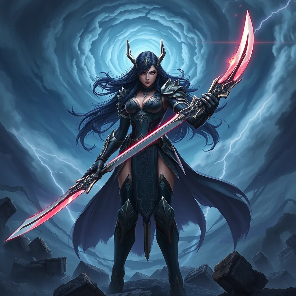 A majestic Irelia stands amidst a storm-torn battlefield, her eyes glowing with an ethereal light as she wields her twin blades with deadly precision. The sky above is a swirling vortex of dark clouds and lightning, casting an eerie glow on her armor, which is adorned with intricate, ancient runes.