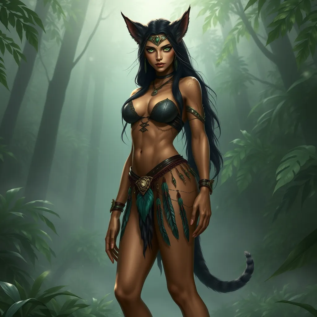 Nidalee, the seductive huntress, stands confidently in a misty jungle clearing. Her body is a perfect blend of human and feline, with sleek muscles and a graceful posture. She wears a revealing, tribal-inspired outfit adorned with feathers and beads, and her eyes are a mesmerizing shade of emerald. The air around her shimmers with an otherworldly energy.