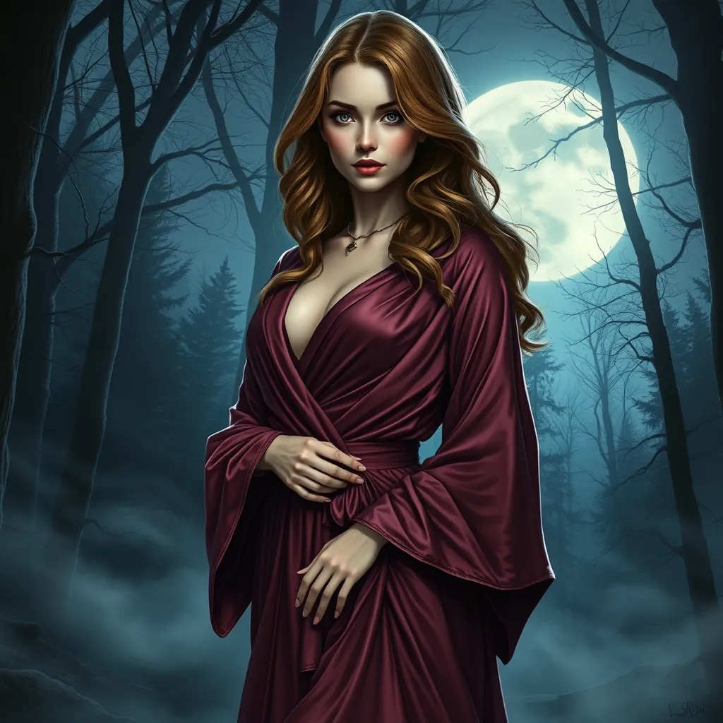 Triss Merigold in a luxurious, velvet robe that clings to her curves, her hair cascading in loose waves, standing in a moonlit forest with mist swirling around her, her expression both enchanting and enigmatic.