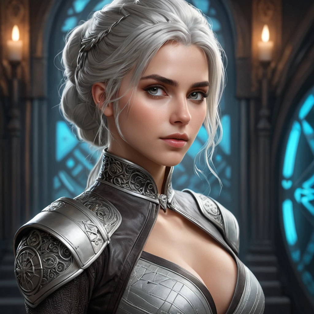 A seductive Ciri, in a daring, yet elegant outfit that combines elements of medieval and futuristic fashion. She stands in a high-tech, yet ancient-looking chamber, with holographic displays and ancient runes glowing around her. Her hair is a mix of silver and dark strands, and her eyes, filled with a blend of wisdom and seduction, lock onto the viewer.