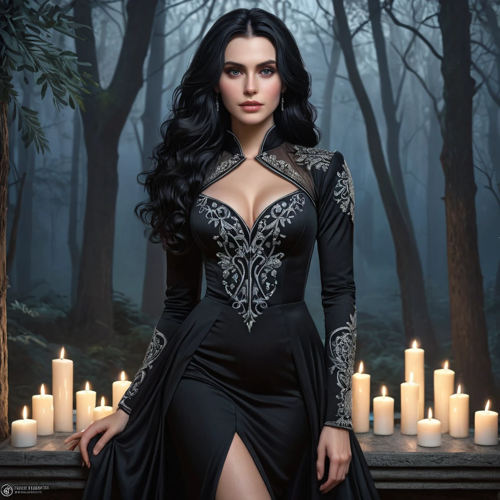 A mesmerizing Yennefer with a sultry gaze and a confident posture, wearing a sleek, black dress with intricate silver embroidery, surrounded by floating candles and a backdrop of a mystical forest at twilight