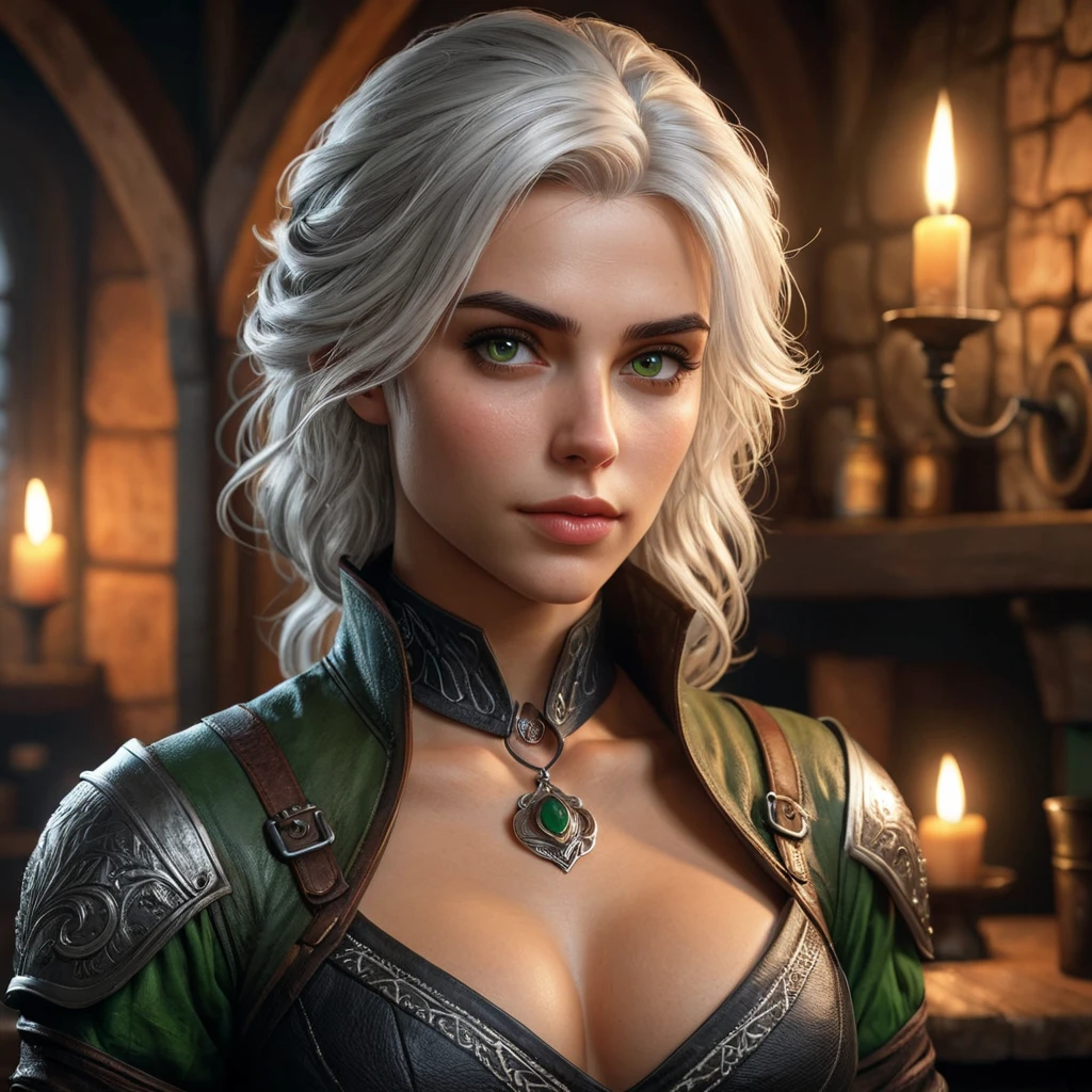 A seductive Ciri from The Witcher, with her silver hair cascading in loose waves, wearing a form-fitting, dark leather outfit that accentuates her curves. Her piercing green eyes are filled with a mix of determination and allure, as she stands in a dimly lit, medieval tavern, with a flickering candle casting shadows on her face.