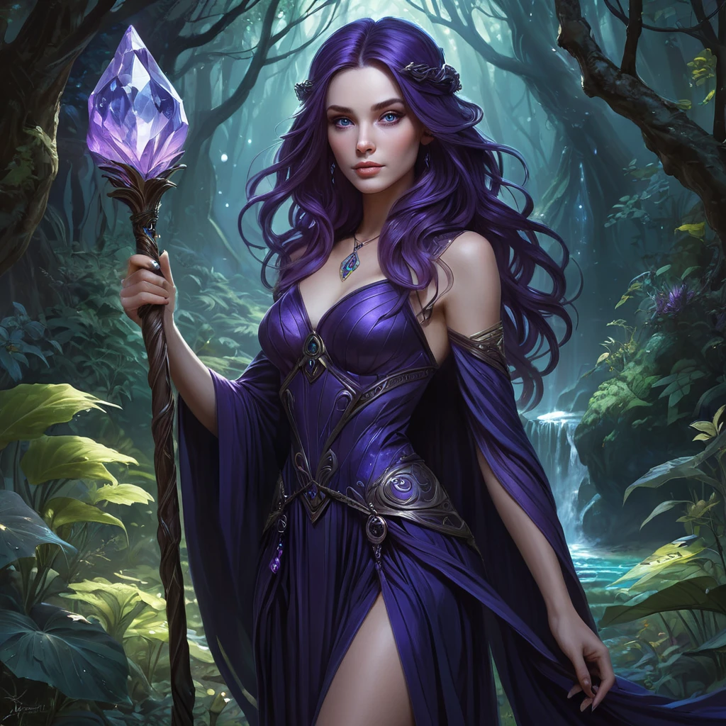 A mysterious witch with deep violet eyes and hair that cascades like a waterfall of ink, standing in a hidden glade filled with bioluminescent plants, her staff topped with a glowing crystal that pulses with ancient magic