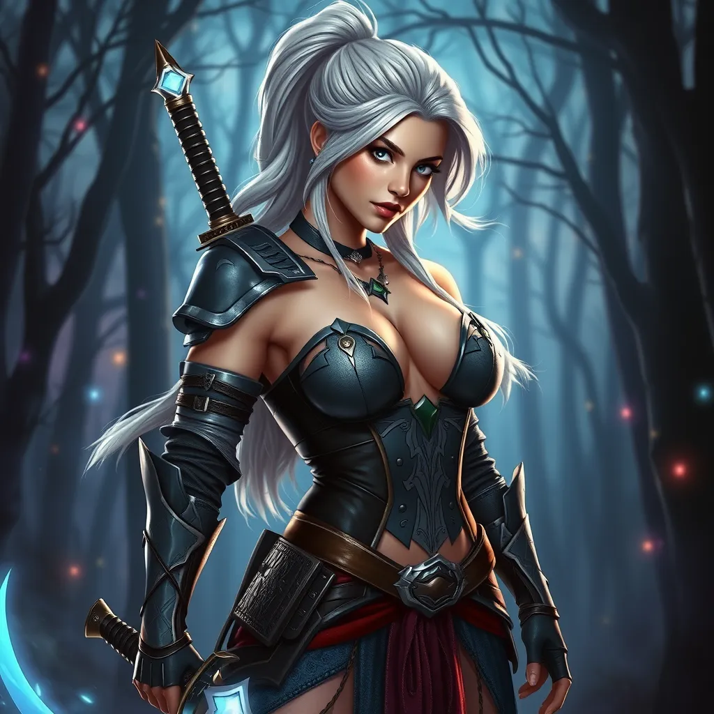 Ciri, the White Wolf, in a sultry, warrior-like pose, clad in a revealing yet practical armor that highlights her athletic build. Her hair is styled in a sleek, high ponytail, and she wields a glowing, enchanted sword. The background is a mystical forest at twilight, with ethereal lights dancing around her.