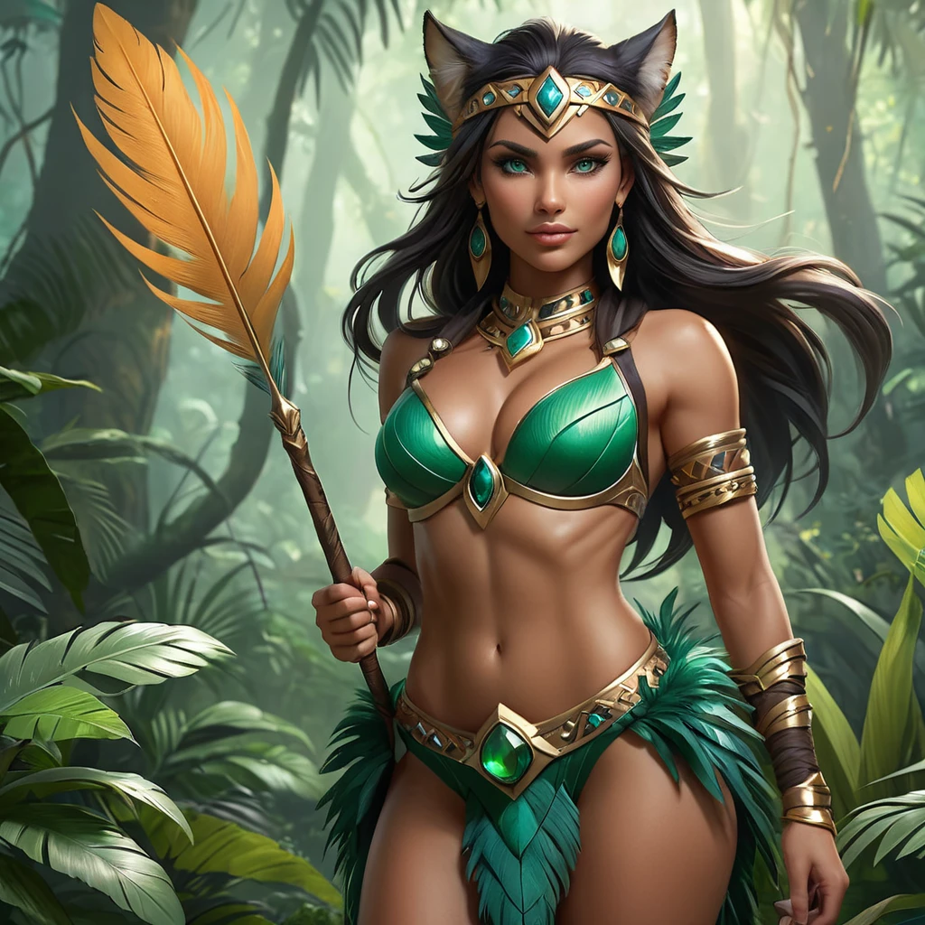 Nidalee, the seductive huntress, stands confidently in a misty jungle clearing. Her body is a perfect blend of human and feline, with sleek muscles and a graceful posture. She wears a revealing, tribal-inspired outfit adorned with feathers and beads, and her eyes are a mesmerizing shade of emerald. The air around her shimmers with an otherworldly energy.