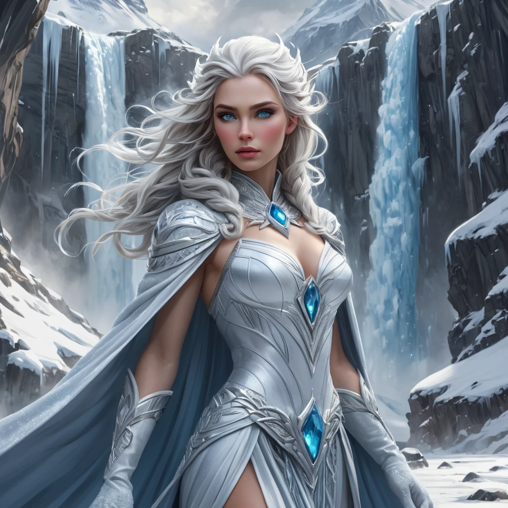 A powerful Ice Queen commanding a blizzard, her form towering and imposing, clad in a flowing robe of ice and snow, her eyes piercing through the storm, with snow-covered mountains and a frozen waterfall in the background.