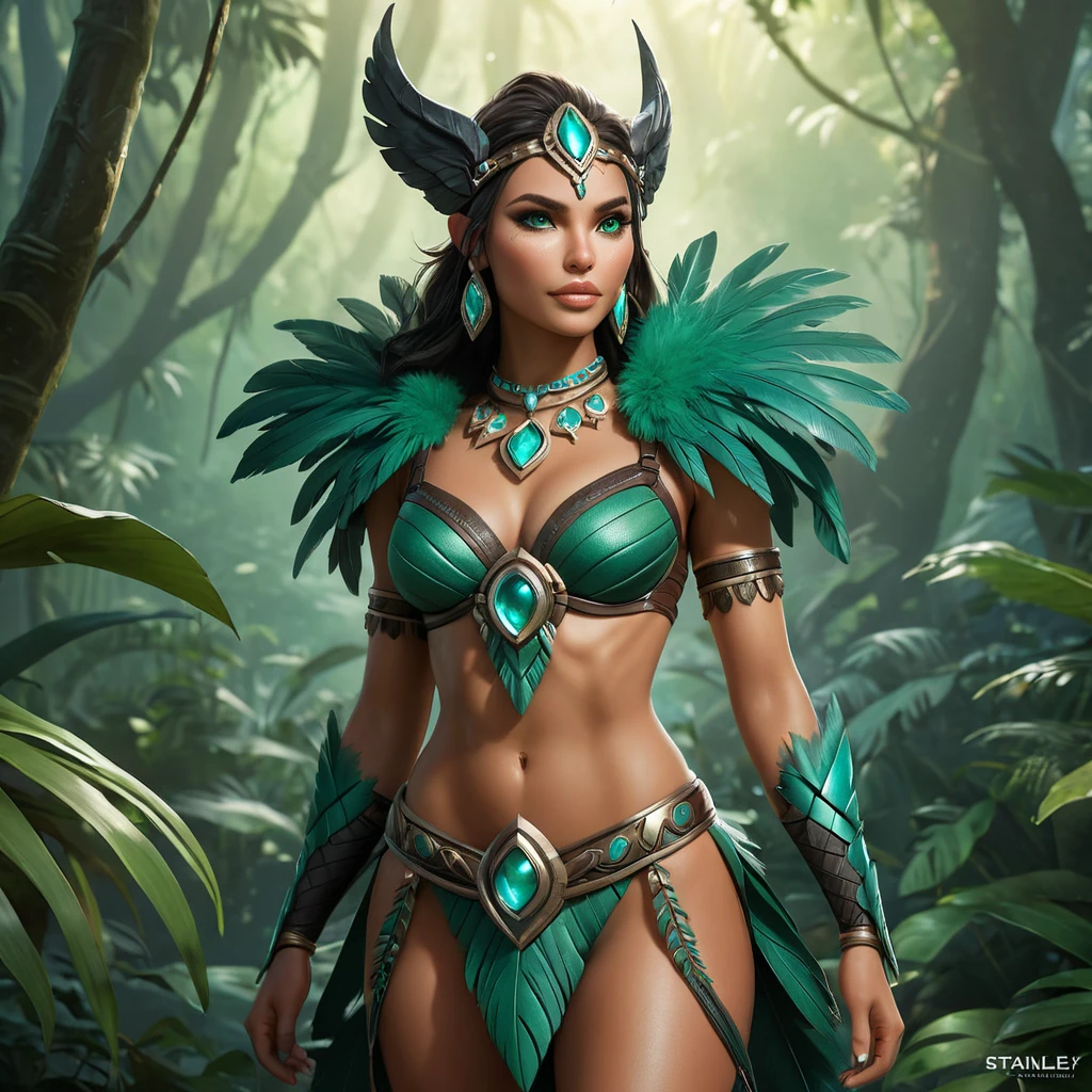 Nidalee, the seductive huntress, stands confidently in a misty jungle clearing. Her body is a perfect blend of human and feline, with sleek muscles and a graceful posture. She wears a revealing, tribal-inspired outfit adorned with feathers and beads, and her eyes are a mesmerizing shade of emerald. The air around her shimmers with an otherworldly energy.