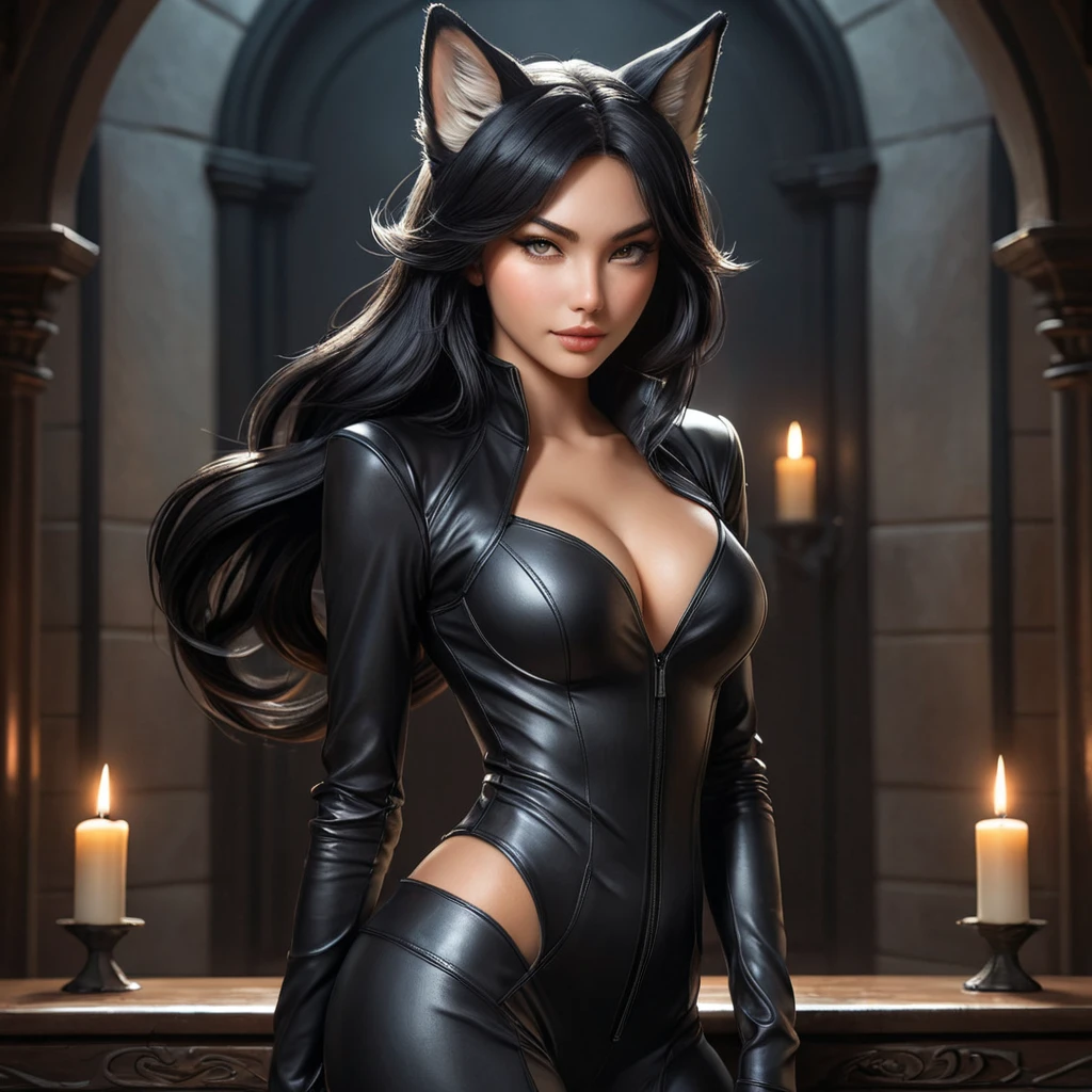 A seductive Ahri, her eyes sparkling with mischief, wearing a sleek, black leather outfit that hugs her every curve, with her tails wrapped around her like a protective embrace, standing in a dimly lit, candle-filled chamber with a mysterious, otherworldly aura.