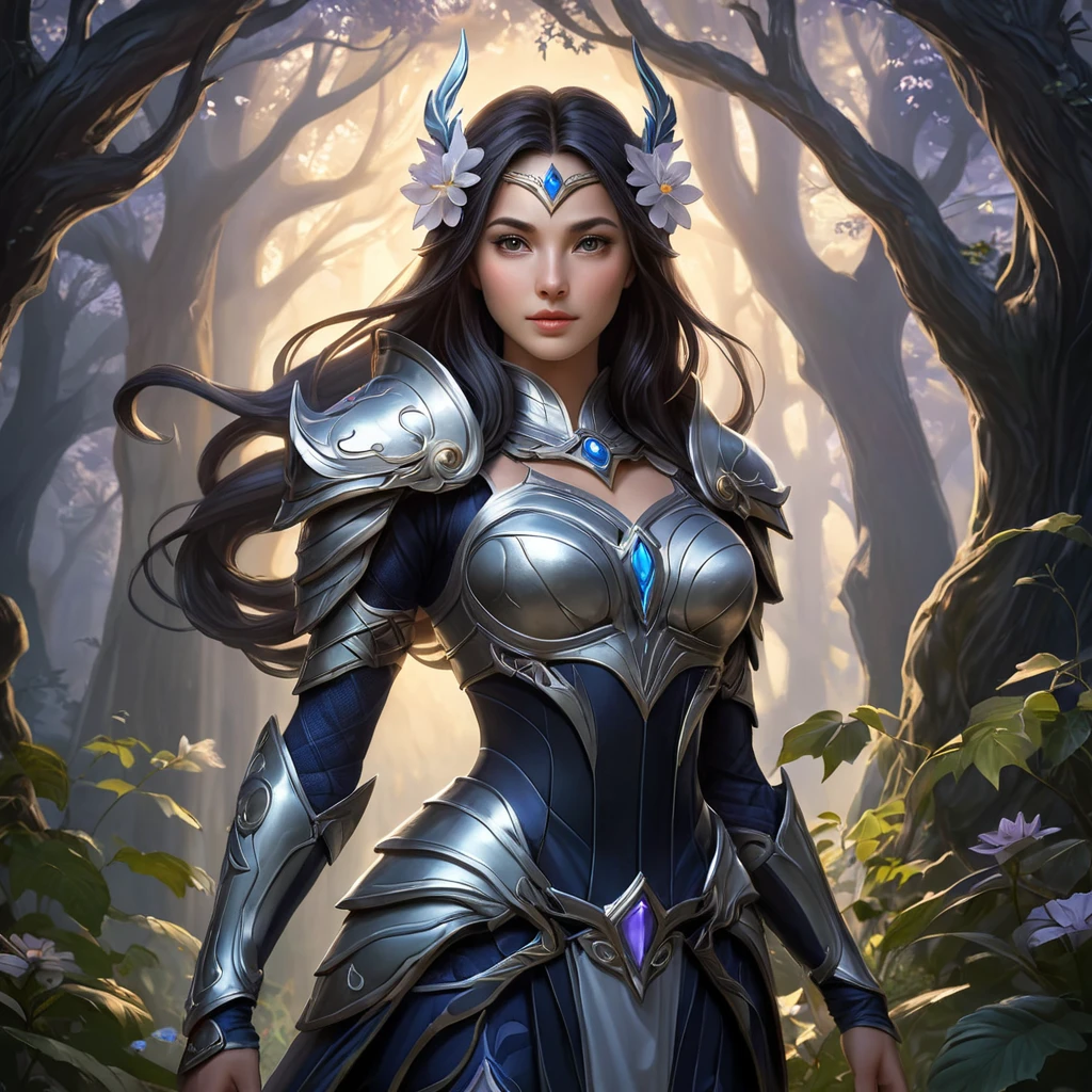 Irelia, the graceful warrior, is depicted in a serene yet foreboding forest at twilight. Her form is a blend of elegance and menace, with vines and flowers intertwining with her armor, yet her eyes hold a cold, determined stare. The background is a mix of soft, glowing flora and twisted, shadowy trees.