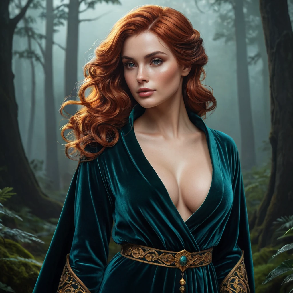 Triss Merigold in a luxurious, velvet robe that clings to her curves, her hair cascading in loose waves, standing in a moonlit forest with mist swirling around her, her expression both enchanting and enigmatic.