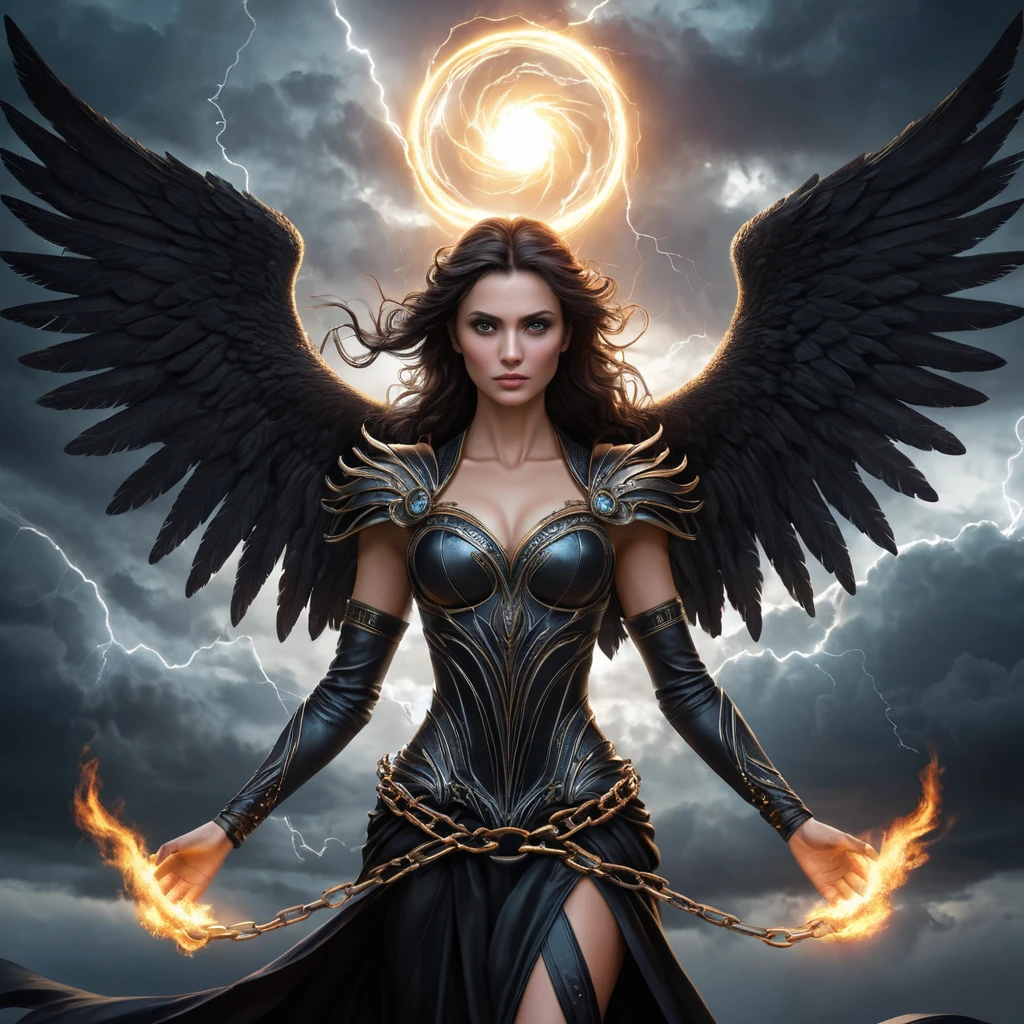 Morgana, the fallen angel, stands in a tempestuous sky, her wings spread wide and black as night. Her eyes burn with a fiery, malevolent glow, and her chains rattle ominously in the wind. The background is a swirling vortex of dark clouds and lightning, casting an eerie light on her form.