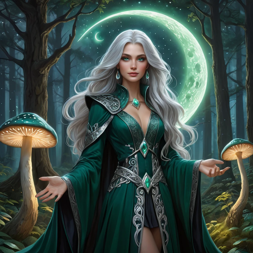 A beautiful witch with long, flowing silver hair and piercing emerald eyes, standing in a moonlit forest with glowing mushrooms and a crescent moon overhead, her robes shimmering with stardust and ancient runes