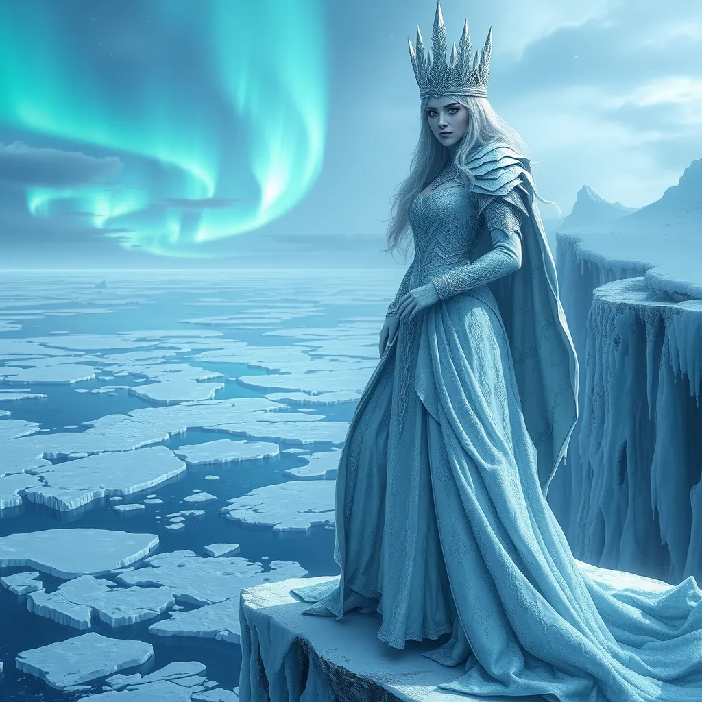 A regal Ice Queen standing at the edge of an icy cliff, her presence commanding and serene, dressed in a gown of frost and snow, her crown adorned with icy spikes, with a vast, frozen ocean stretching out beneath her and a distant aurora illuminating the sky.