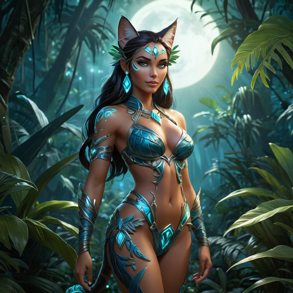 A captivating Nidalee, her feline form exuding an aura of primal allure, stands in a moonlit jungle clearing. She is dressed in a sleek, form-fitting outfit that highlights her exotic beauty, with intricate tribal patterns adorning her skin. Her eyes glow with a mysterious light, and the background is a lush, tropical forest with bioluminescent plants casting a soft, ethereal glow.