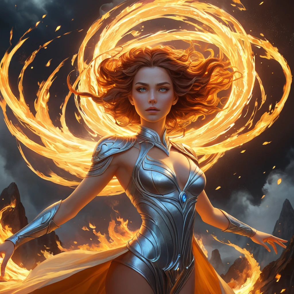 A Fire Sorceress floats above a sea of fire, her body surrounded by a halo of intense, white-hot flames. Her eyes are closed, and her expression is one of serene, terrifying power. Below her, the flames churn and twist, forming into the shapes of monstrous creatures that writhe and snap at the air. The heat is so intense that the very air shimmers and distorts around her, making her seem like a being from another world, one of pure, unstoppable fire.