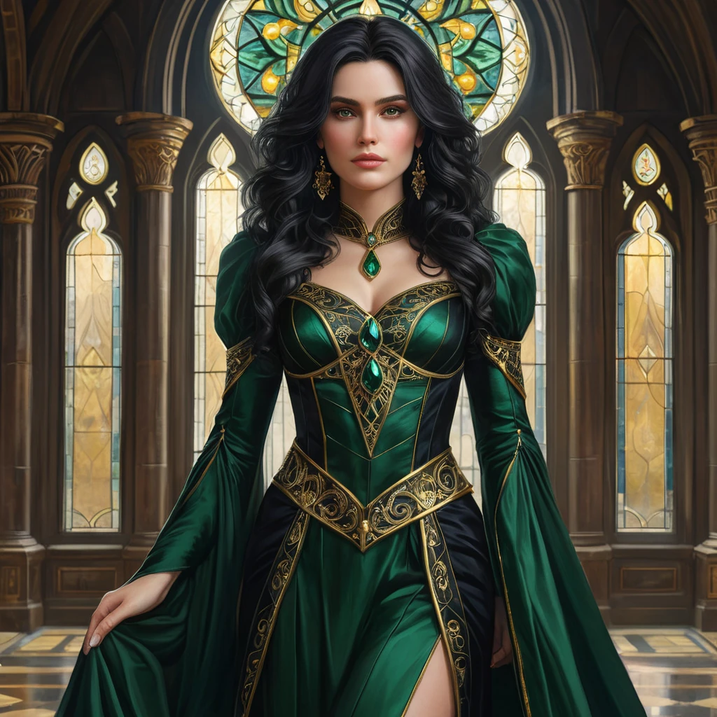 A enchanting Yennefer with hair like obsidian and eyes that sparkle with arcane knowledge, dressed in a regal, dark green gown with gold accents, standing in a grand hall with towering stained glass windows depicting ancient legends