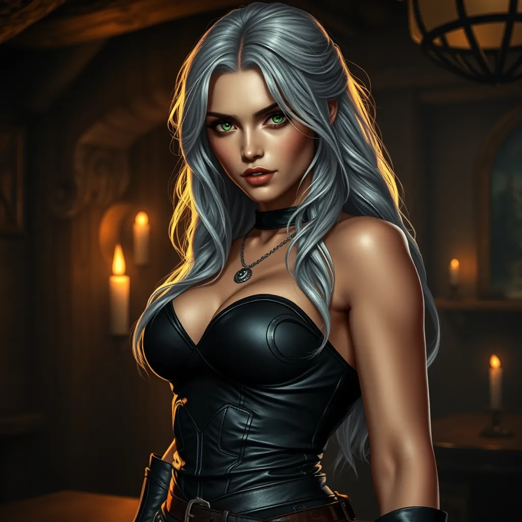 A seductive Ciri from The Witcher, with her silver hair cascading in loose waves, wearing a form-fitting, dark leather outfit that accentuates her curves. Her piercing green eyes are filled with a mix of determination and allure, as she stands in a dimly lit, medieval tavern, with a flickering candle casting shadows on her face.