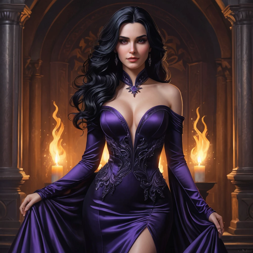 A seductive Yennefer with raven-black hair cascading over her shoulders, dressed in a form-fitting, deep purple gown that accentuates her curves, standing in a candlelit chamber with enchanted flames dancing around her