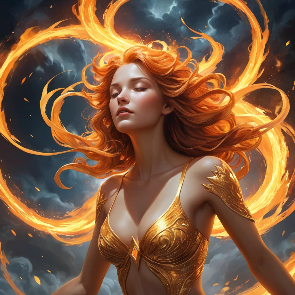 A Fire Sorceress floats above a sea of fire, her body surrounded by a halo of intense, white-hot flames. Her eyes are closed, and her expression is one of serene, terrifying power. Below her, the flames churn and twist, forming into the shapes of monstrous creatures that writhe and snap at the air. The heat is so intense that the very air shimmers and distorts around her, making her seem like a being from another world, one of pure, unstoppable fire.