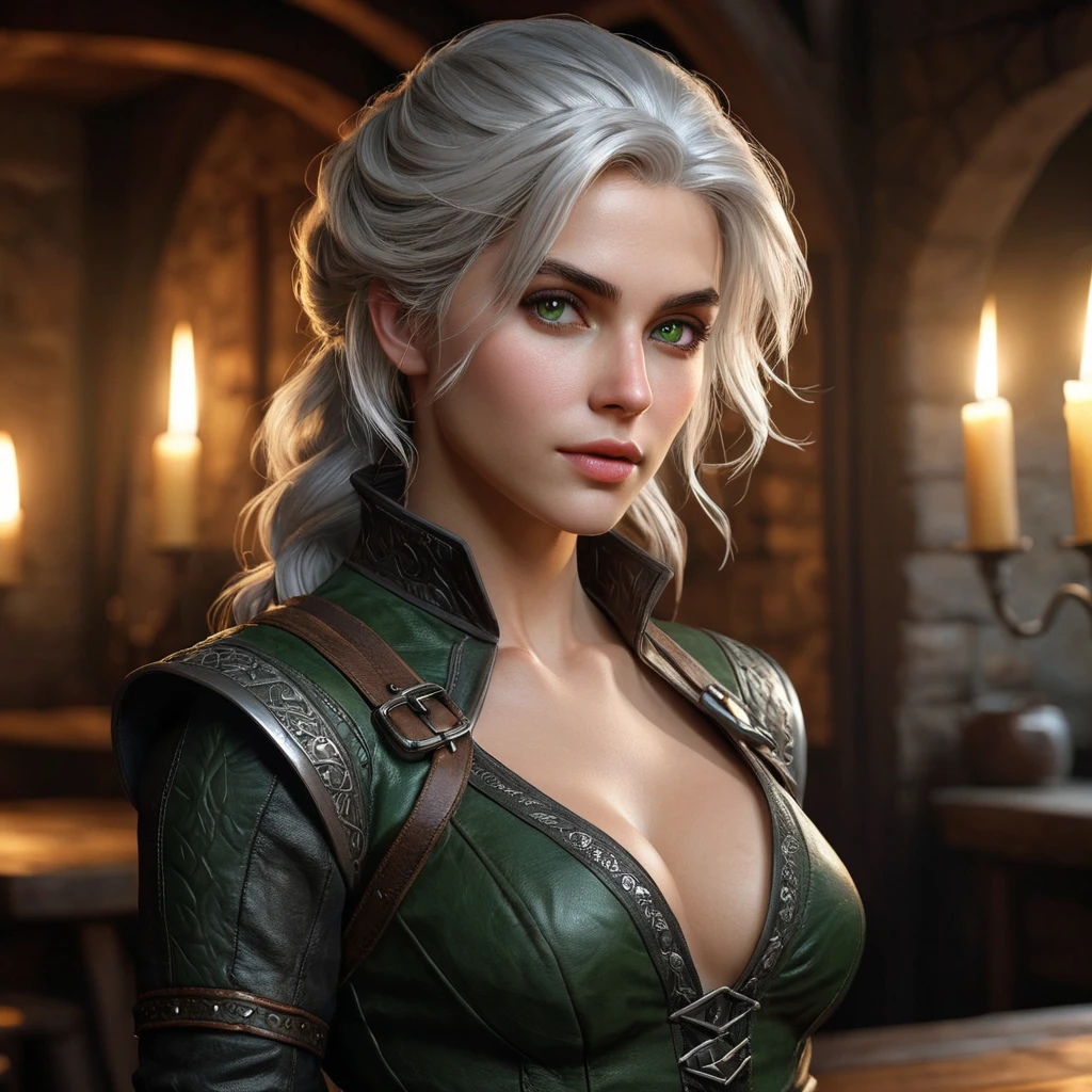 A seductive Ciri from The Witcher, with her silver hair cascading in loose waves, wearing a form-fitting, dark leather outfit that accentuates her curves. Her piercing green eyes are filled with a mix of determination and allure, as she stands in a dimly lit, medieval tavern, with a flickering candle casting shadows on her face.