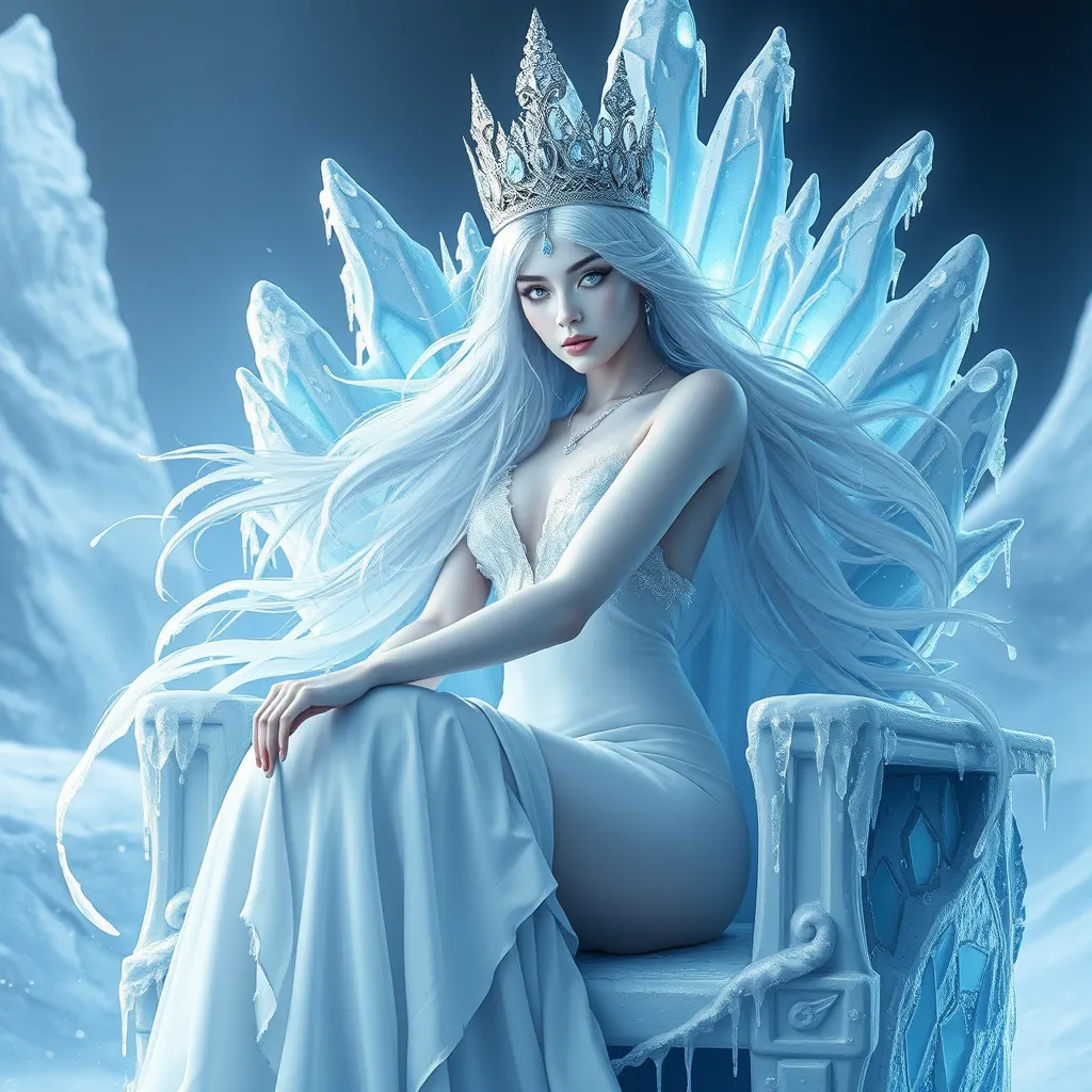 An ethereal Ice Queen seated on a throne of ice, her skin pale as snow, eyes glowing with a cold, blue light, her hair flowing like a cascade of frozen silver, with icicles hanging from her crown and a frosty aura emanating from her presence.