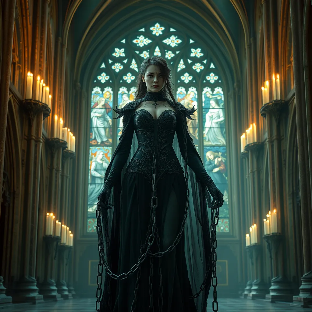 Morgana is shown in a grand, ancient cathedral, her presence both beautiful and terrifying. The stained glass windows behind her depict scenes of torment and despair, and her form is illuminated by the eerie, flickering light of candles. Her chains are wrapped around the pillars, binding them with an unbreakable force.