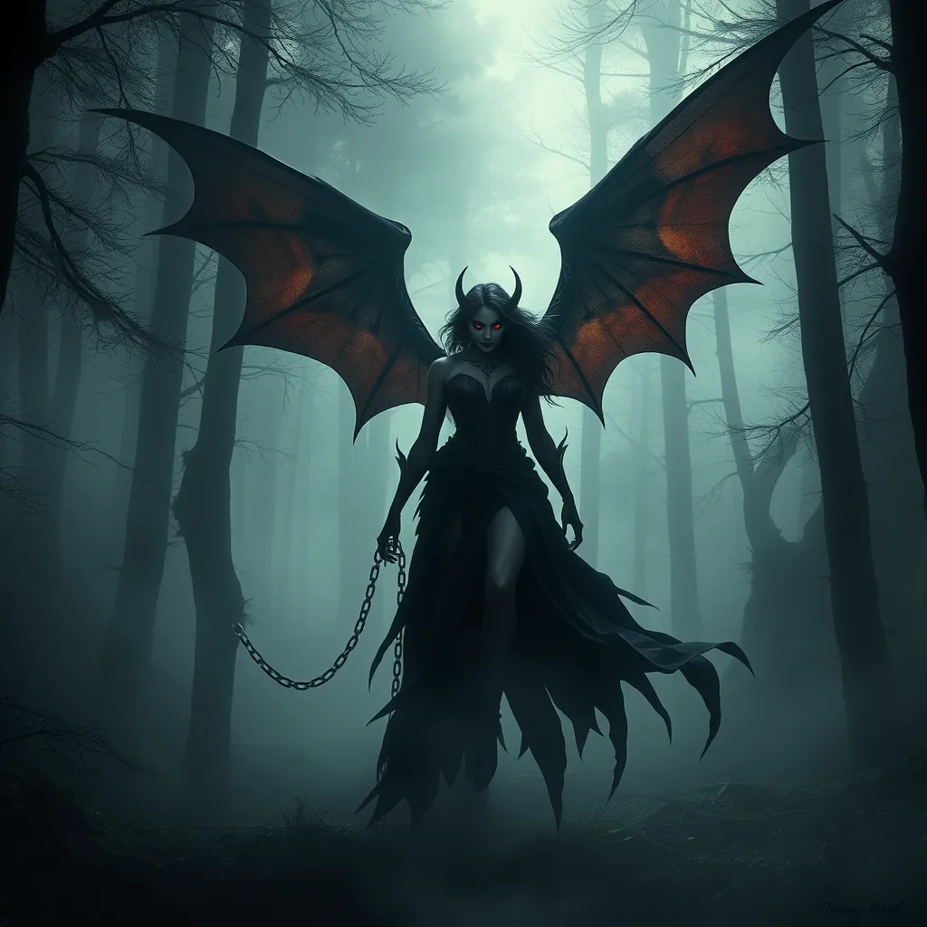 Morgana is portrayed in a dense, fog-covered forest, her form partially obscured by the mist. Her wings are partially unfurled, casting long, eerie shadows on the ground. Her eyes are a fiery, malevolent red, and her chains rattle ominously in the silence of the forest.