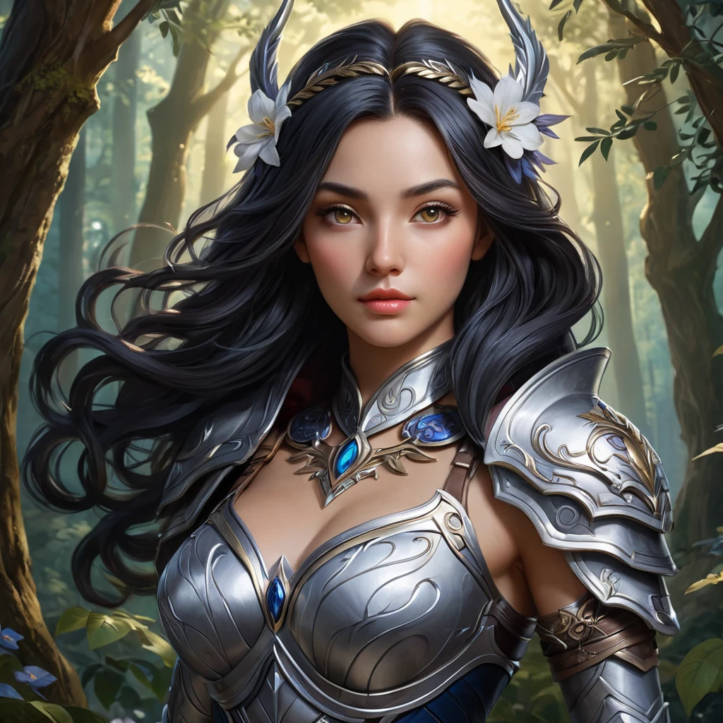 Irelia, the graceful warrior, is depicted in a serene yet foreboding forest at twilight. Her form is a blend of elegance and menace, with vines and flowers intertwining with her armor, yet her eyes hold a cold, determined stare. The background is a mix of soft, glowing flora and twisted, shadowy trees.