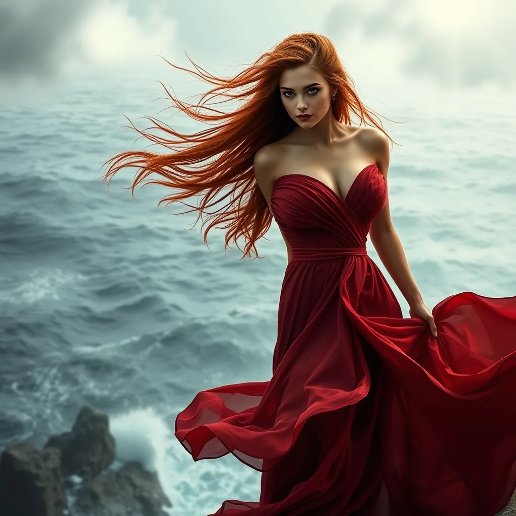 A mesmerizing Triss Merigold in a flowing, crimson dress, her hair loose and windswept, standing on a cliff edge overlooking a stormy sea, her expression a blend of strength and vulnerability, the wind gently lifting her dress.